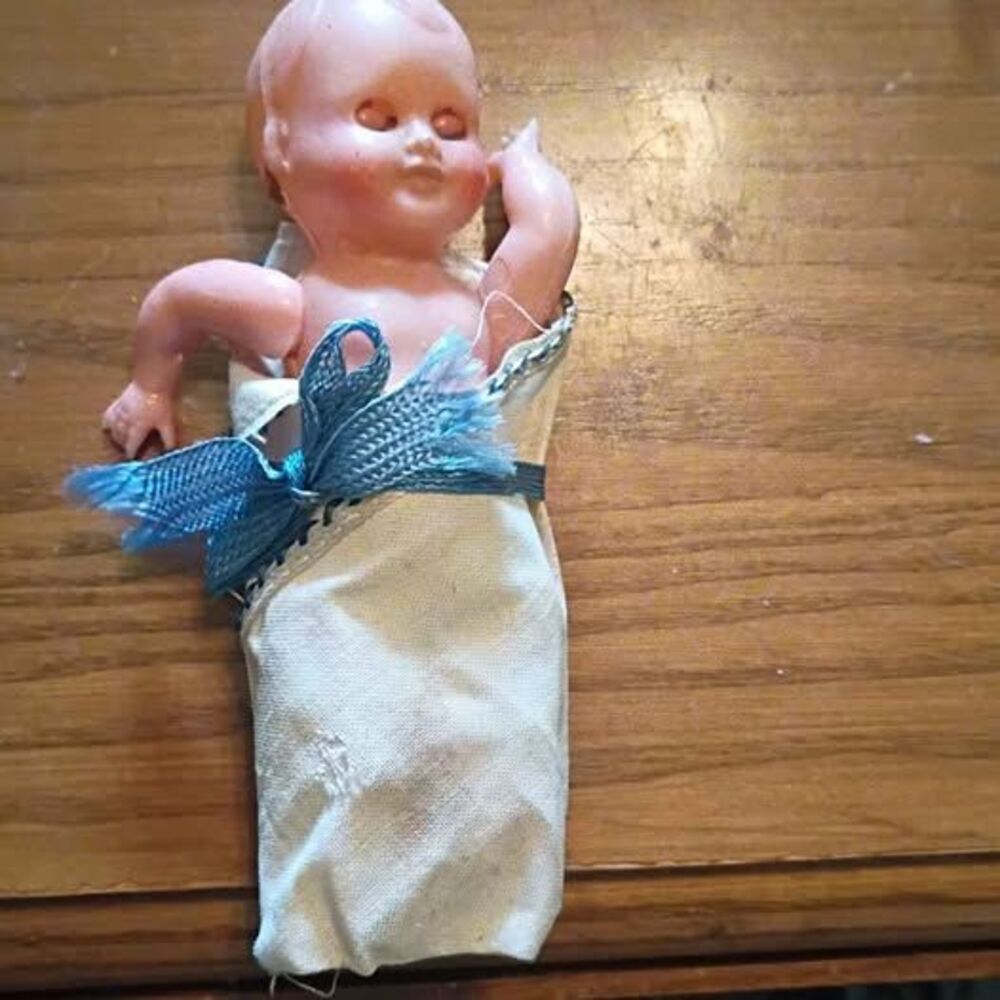 Vintage Miniature celluloid Baby Doll in Swaddle